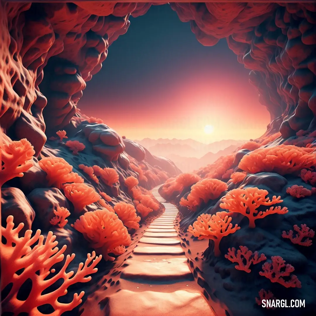 Painting of a path leading to a cave with corals on the rocks and a sun setting in the distance. Color RGB 244,102,91.