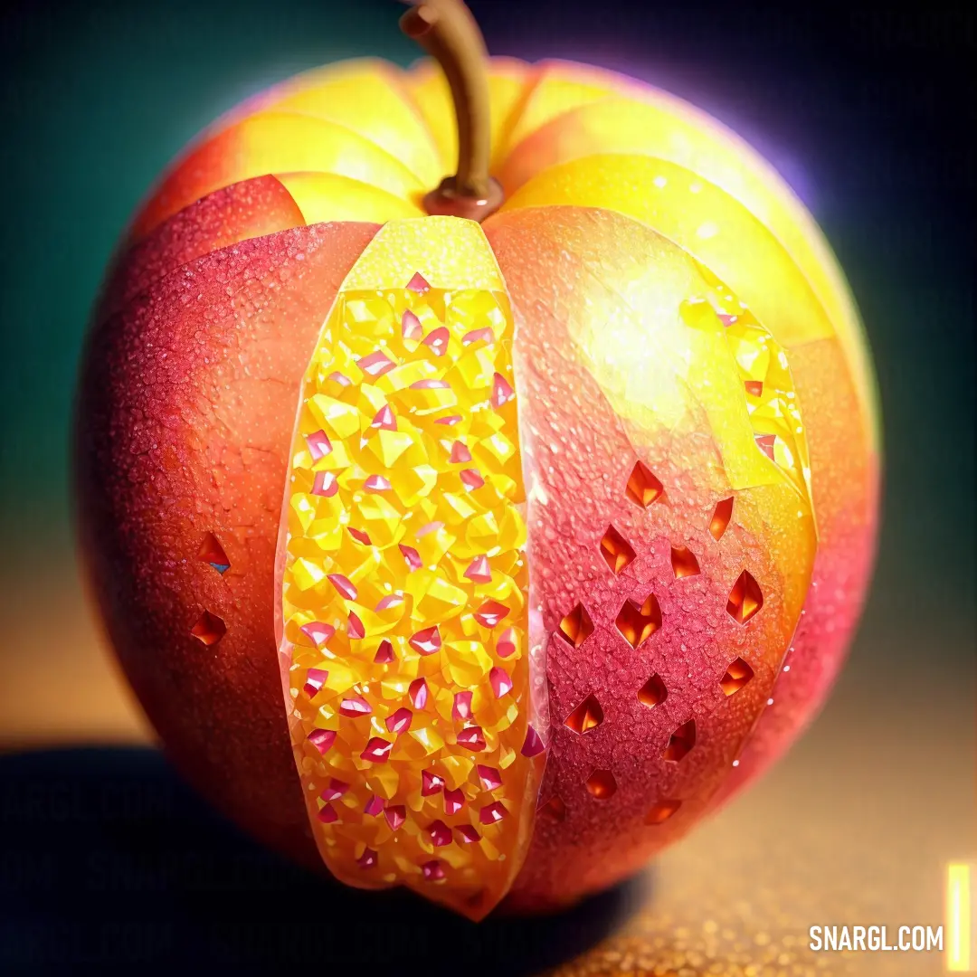 Close up of a fruit with a cut in half section of it's fruit skin and a yellow and red apple with a yellow center