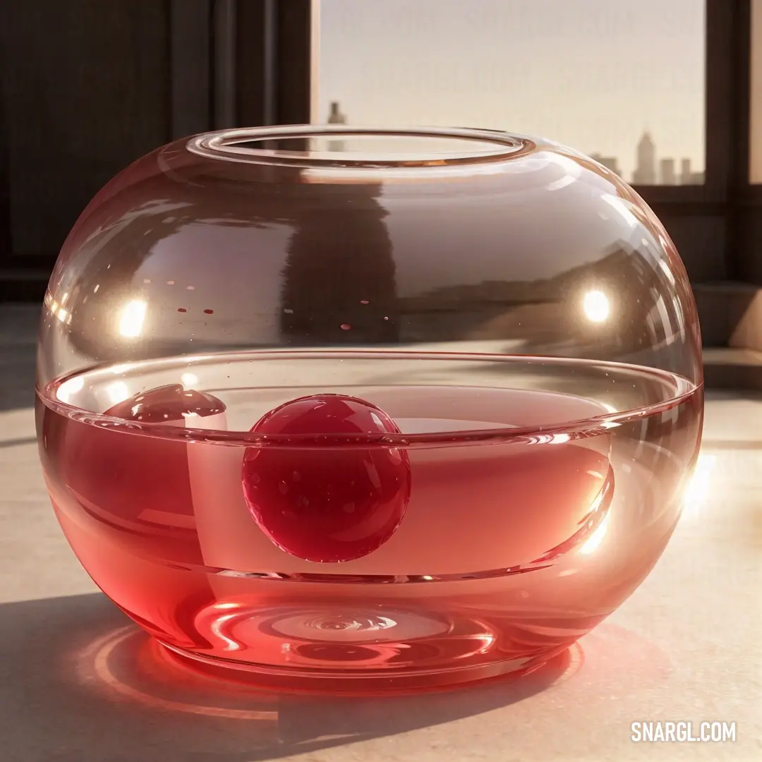 Glass bowl with a red object inside of it on a table top with a city in the background. Color #F36359.