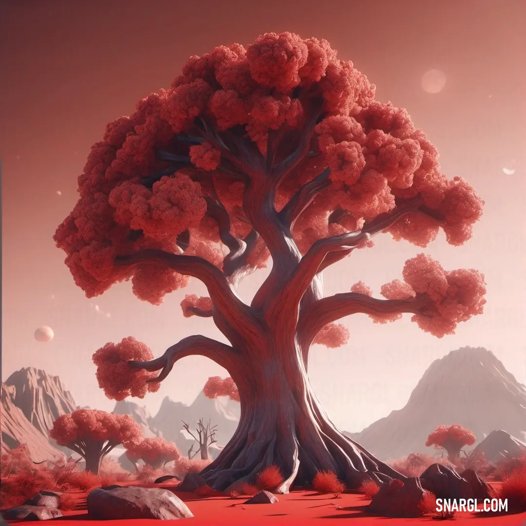 NCS S 1060-Y90R color example: Painting of a tree with red leaves and rocks in the background