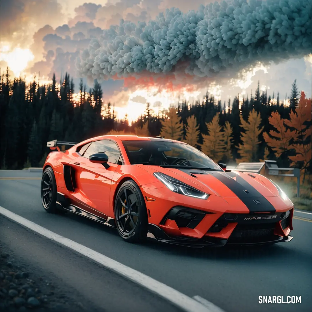 Red sports car driving down a road with a smoke stack in the background. Example of #F36359 color.