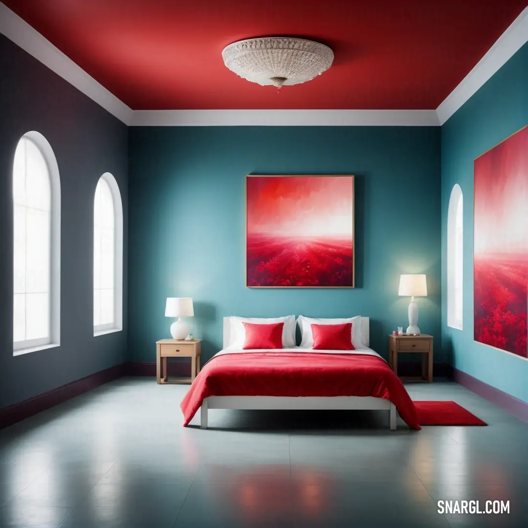 Bedroom with a red bed and a painting on the wall and a red rug on the floor and a red blanket on the bed. Color CMYK 0,90,60,0.
