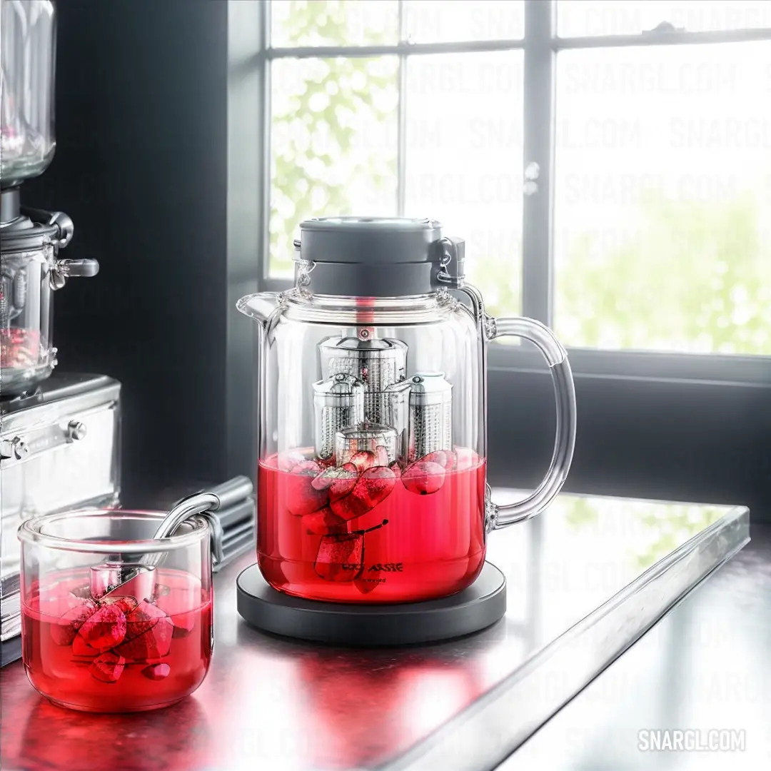 NCS S 1070-R color example: Blender with red liquid on a counter next to a window with a pot of red liquid in it