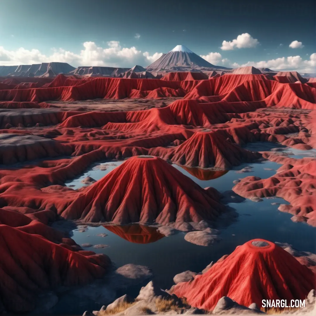 Landscape of red hills and a lake in the middle of it with a mountain in the background. Example of #E7344A color.