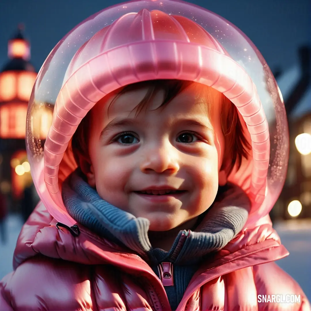 Little girl in a pink jacket and a pink hat and a street light and buildings in the background. Color NCS S 1070-R.