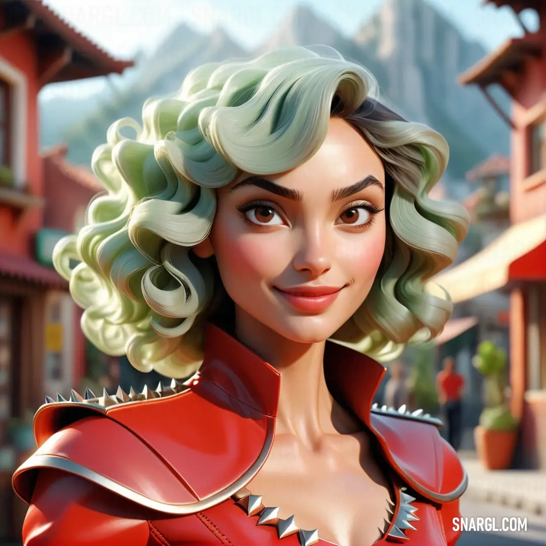 Woman with blonde hair and a red dress in a cartoon style, with a mountain in the background. Example of #E7344A color.