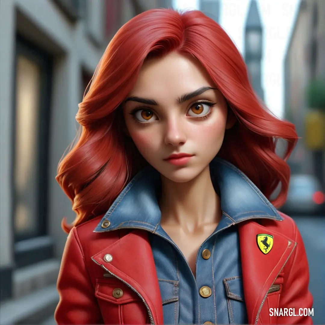 NCS S 1070-R color example: Woman with red hair and a red jacket on a city street with a red car in the background
