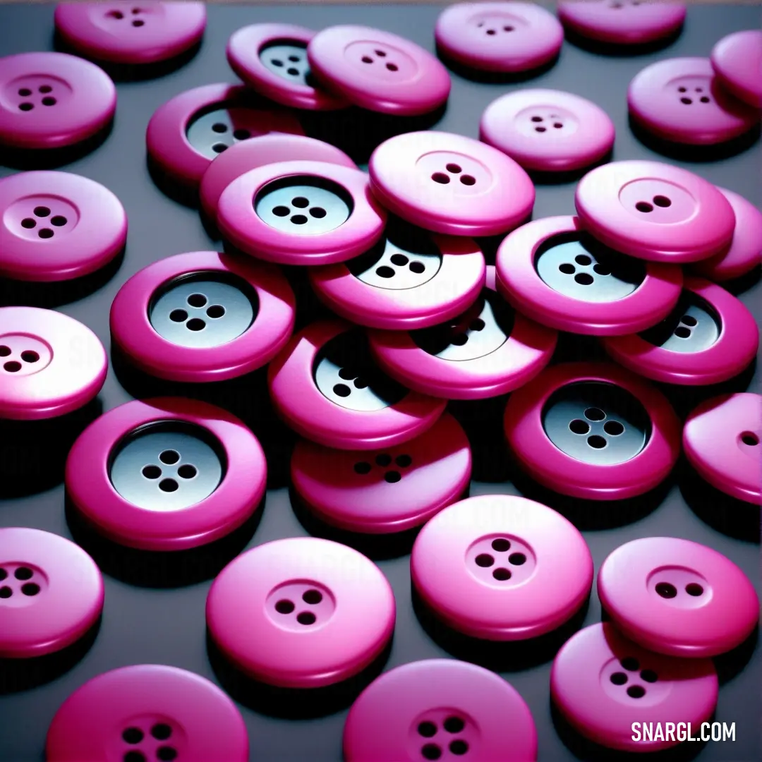 Bunch of pink buttons on top of a table together in a pile of pink buttons with white centers. Color NCS S 1070-R20B.