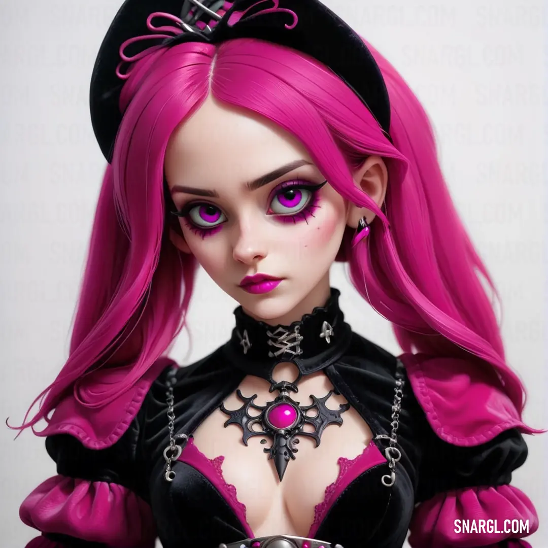 Doll with pink hair and a black outfit with a pink collar and collared shirt and a black hat. Example of CMYK 0,90,20,5 color.