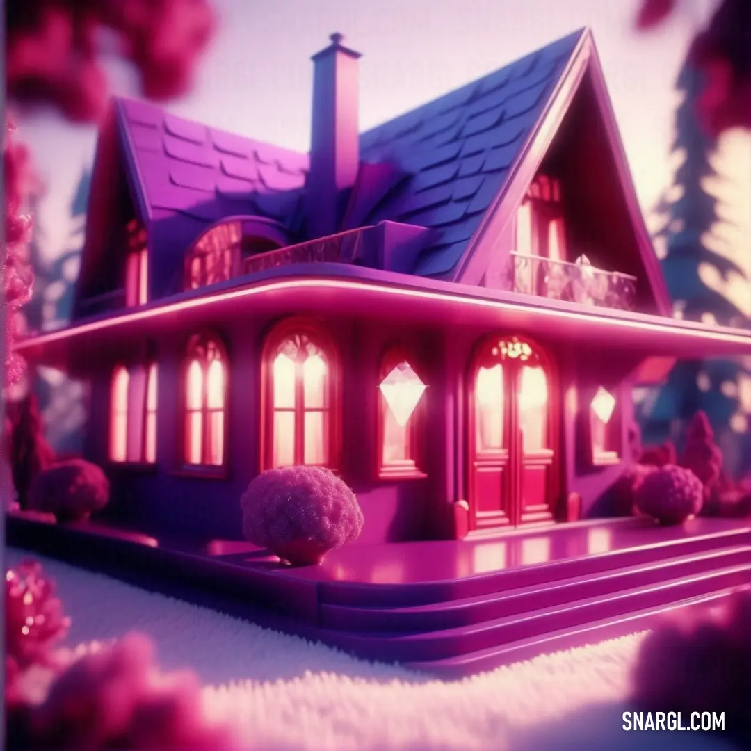 House with a pink roof and a red light on it's roof and windows and a pink sky. Example of CMYK 0,90,20,5 color.