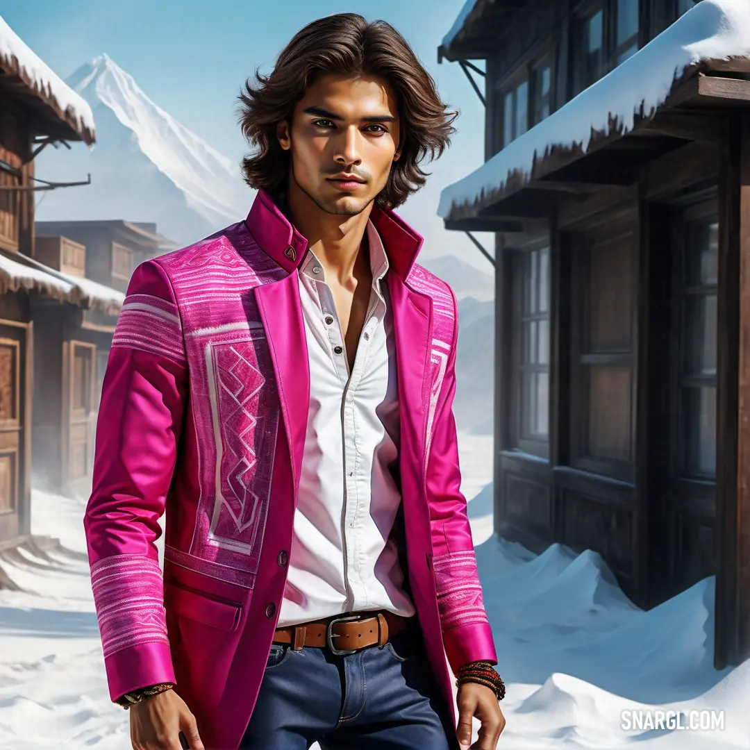 Man in a pink jacket standing in front of a snowy mountain village with a house and a snow covered mountain. Example of #D82E71 color.