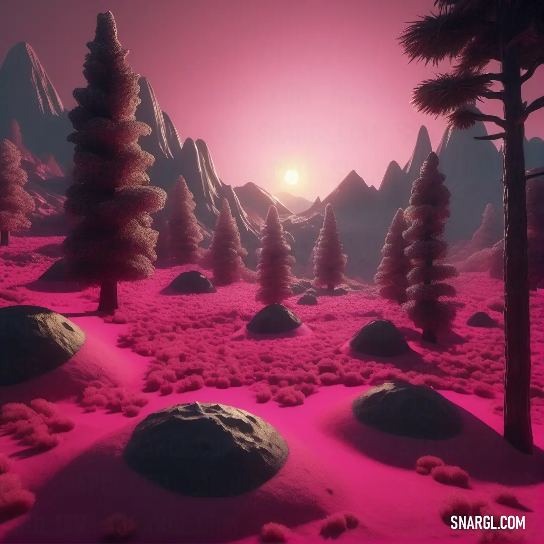 NCS S 1070-R20B color example: Pink landscape with trees and rocks in the foreground and a sun in the background