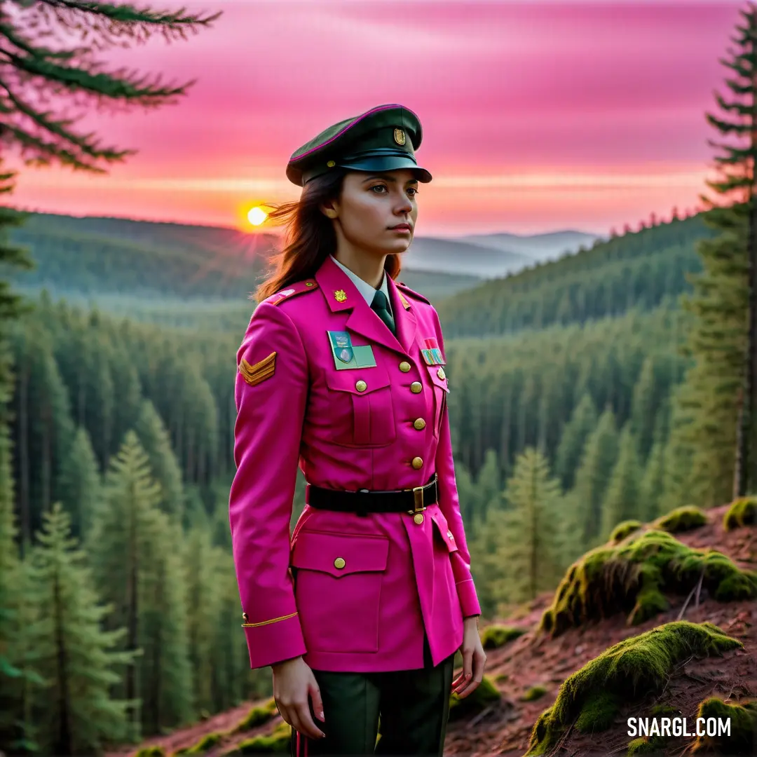 Woman in a pink uniform standing in a forest at sunset with a pink sky in the background. Example of CMYK 0,90,20,5 color.