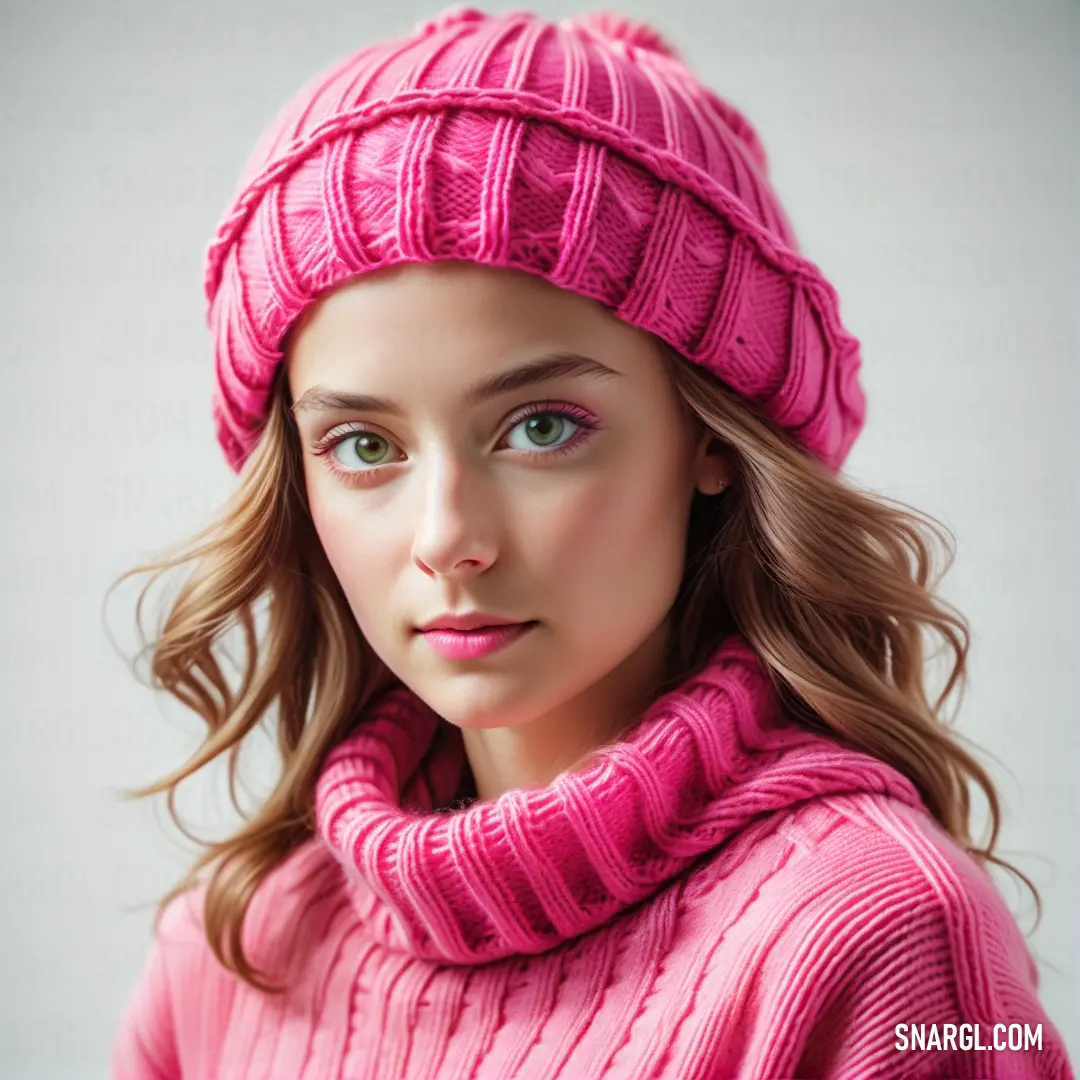 Woman wearing a pink hat and scarf with a pink sweater on her shoulders and a pink sweater on her shoulders. Color #D82E71.