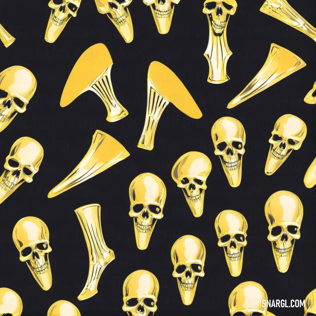 Bunch of skulls and mushrooms on a black background. Example of #F7CA27 color.