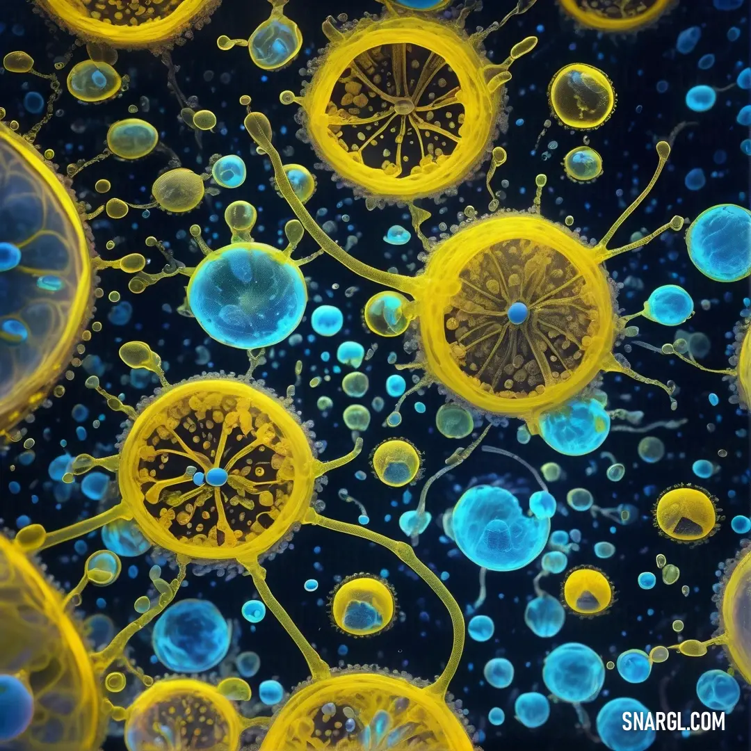 Group of yellow and blue jellys floating in water with bubbles. Color #F7CA27.