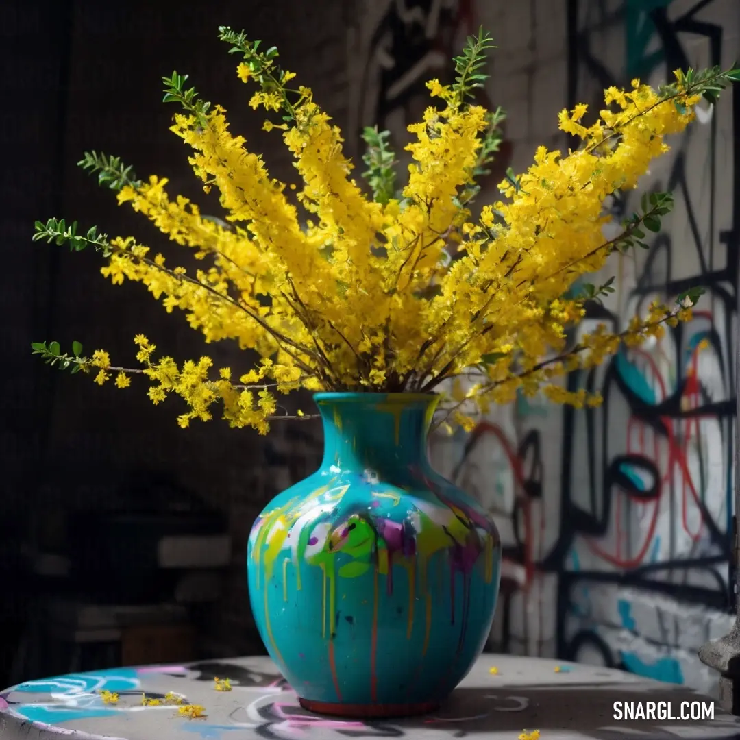 Vase with yellow flowers on a table in front of a wall with graffiti on it and a spray painted wall behind it. Example of NCS S 1070-Y color.