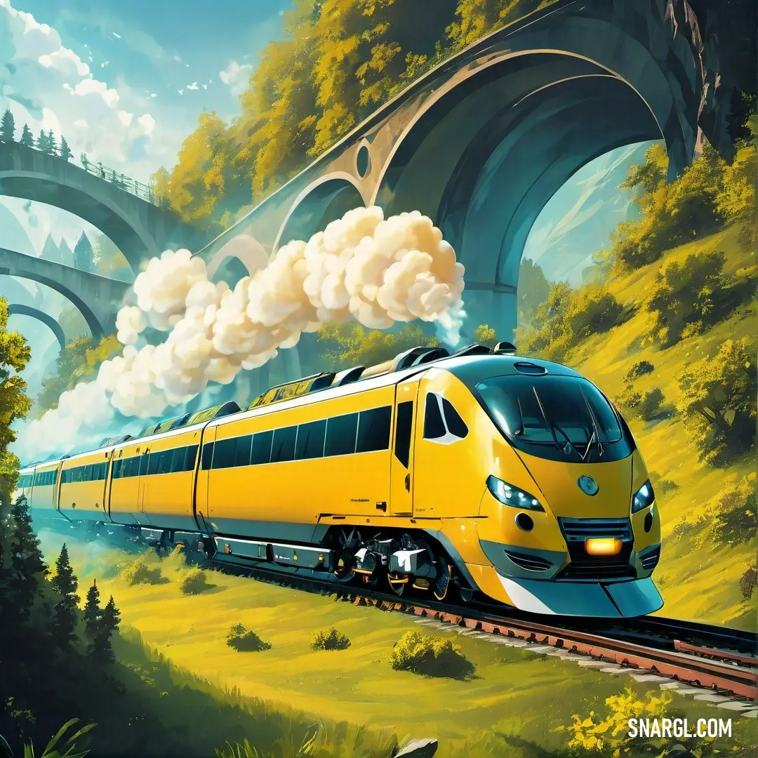 Yellow train traveling through a lush green countryside next to a bridge and a river on a sunny day. Color CMYK 0,26,98,0.