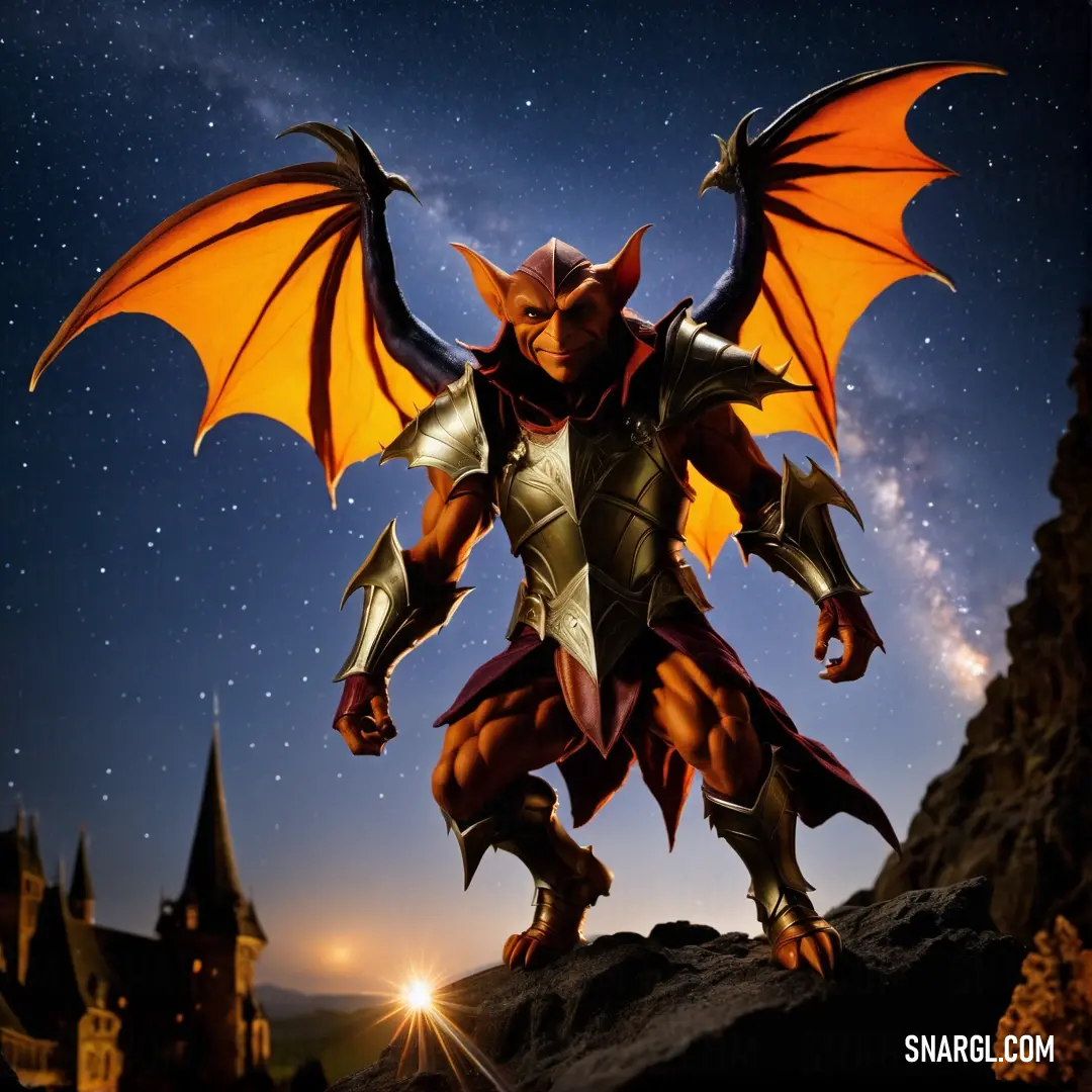 NCS S 1070-Y20R color. Cartoon character with a dragon like body and wings on a rock in front of a castle at night