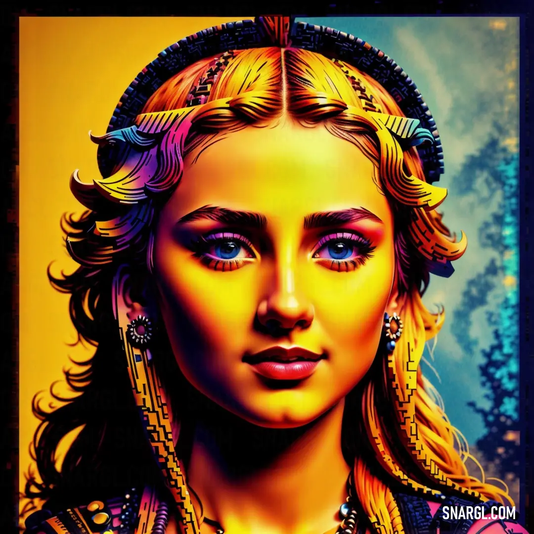 Painting of a woman with a colorful head piece and a necklace on her neck and a yellow background. Example of CMYK 0,40,100,0 color.