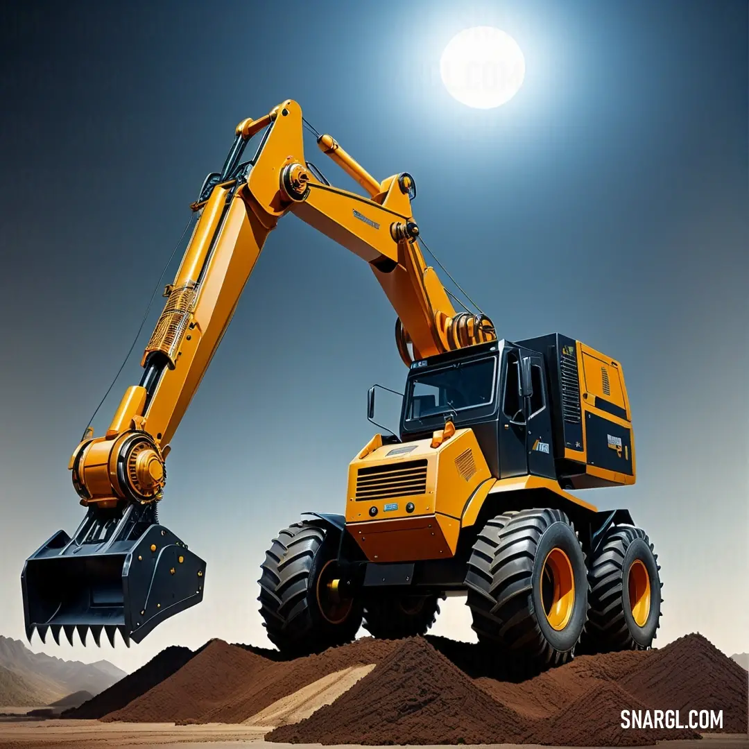 Yellow and black construction vehicle on a hill of dirt and dirt with a bright sun in the background. Color #F5A300.