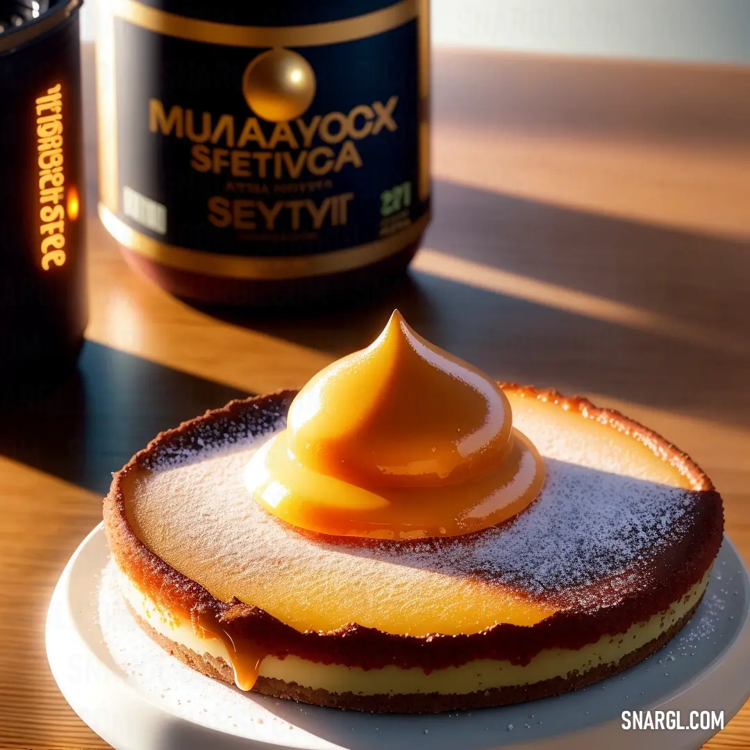 Plate with a dessert on it next to a bottle of munavog seedwaga sevyit. Color CMYK 0,40,100,0.