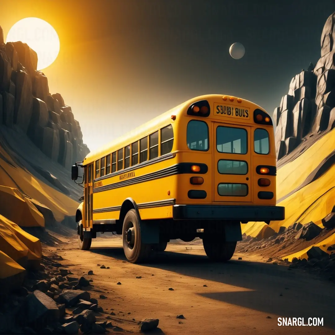 School bus driving down a dirt road near a mountain range at sunset with the sun shining on the mountains. Example of NCS S 1070-Y20R color.