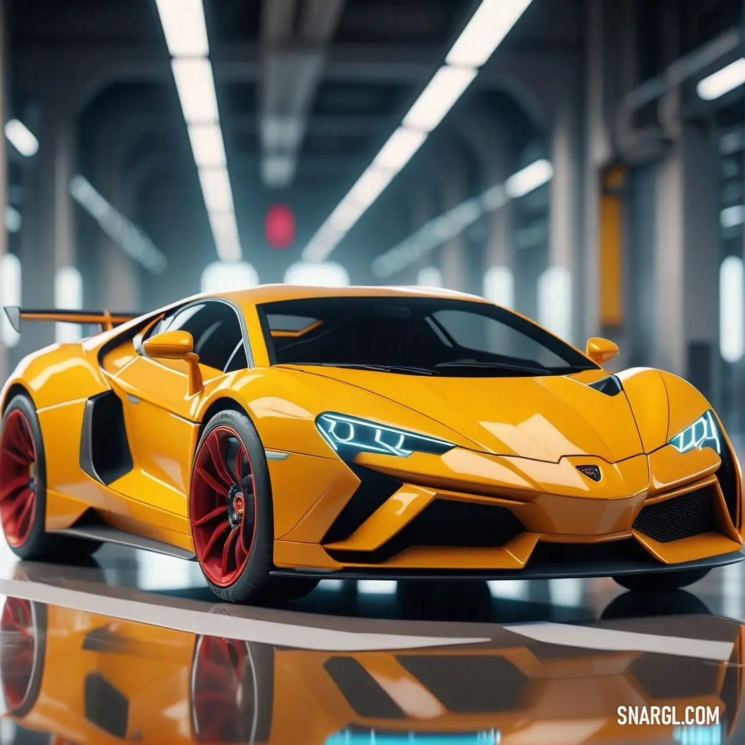 Yellow sports car is parked in a garage with a reflective floor and a black and white checkered floor. Example of #F5A300 color.