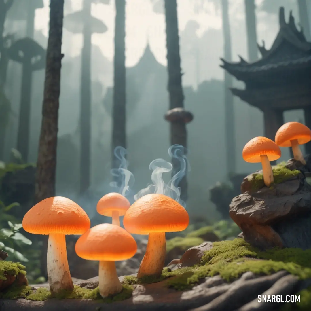 Group of mushrooms on top of a forest floor covered in green mossy grass and trees with a pagoda in the background