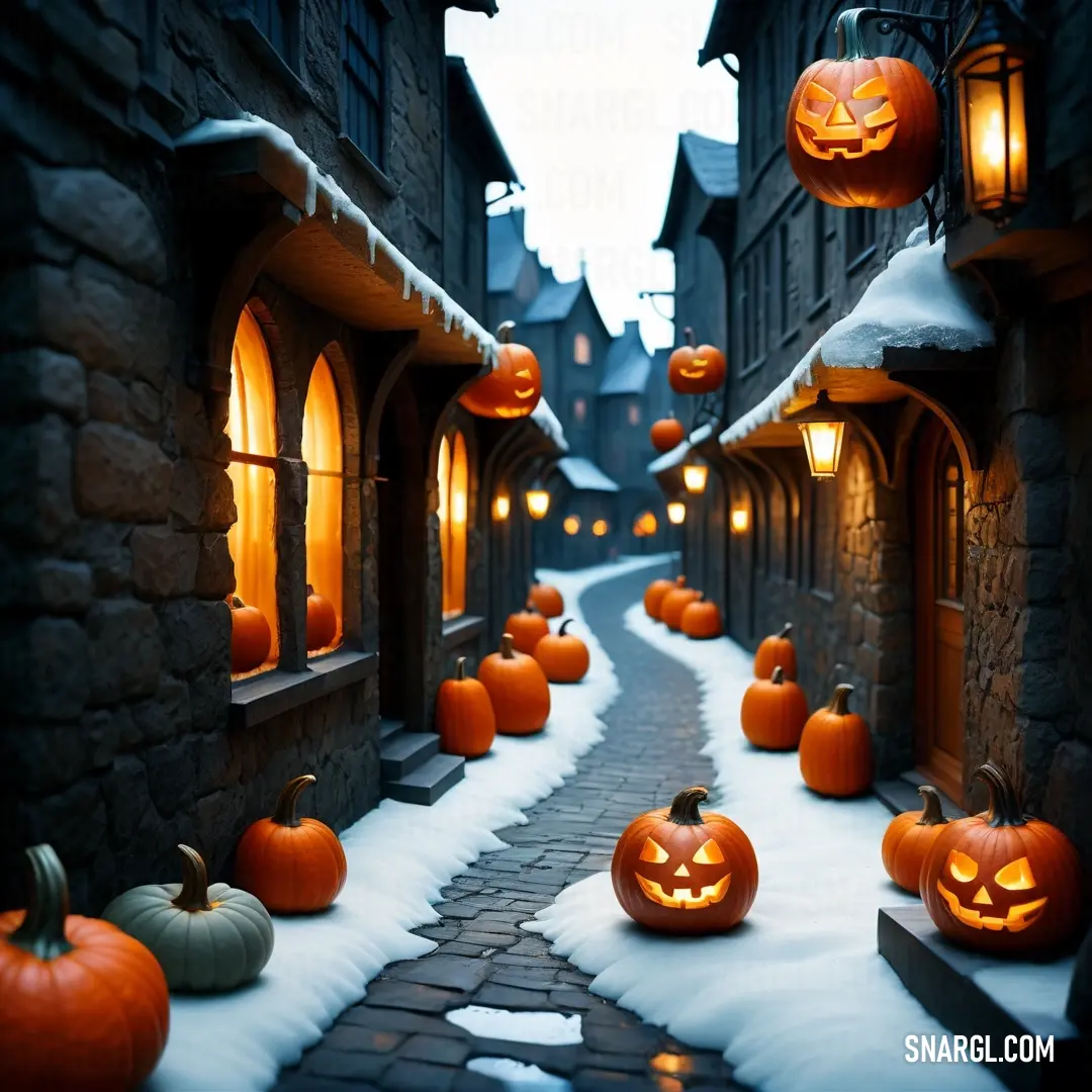 Street with pumpkins on the side of it and a light on the side of the street in the middle. Color #F3871C.