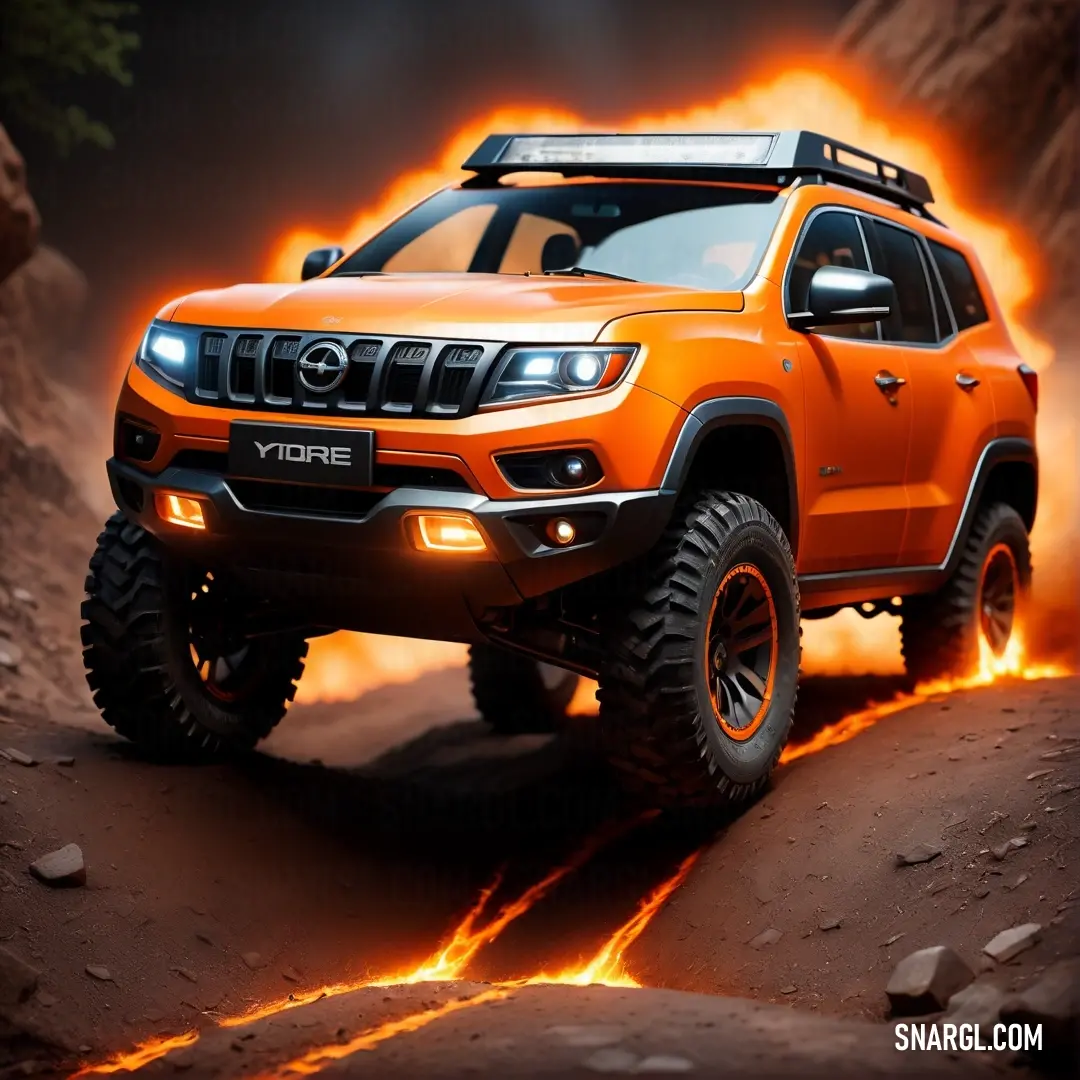 Bright orange truck driving through a rocky area with flames coming out of it's tires and tires. Color NCS S 1070-Y40R.
