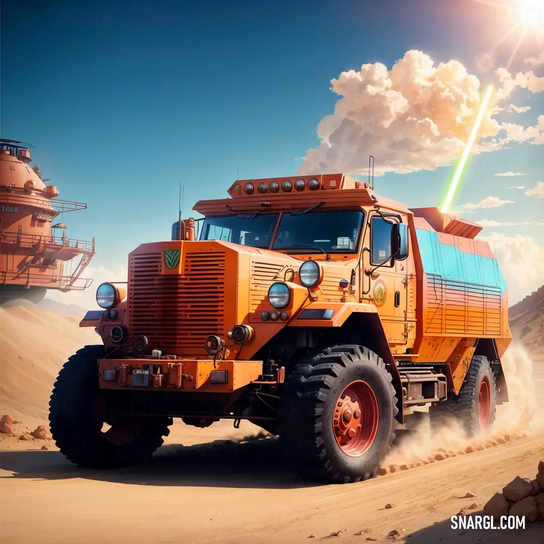 Large orange truck driving through a desert filled with sand and rocks, with a sky background. Example of CMYK 0,61,95,0 color.