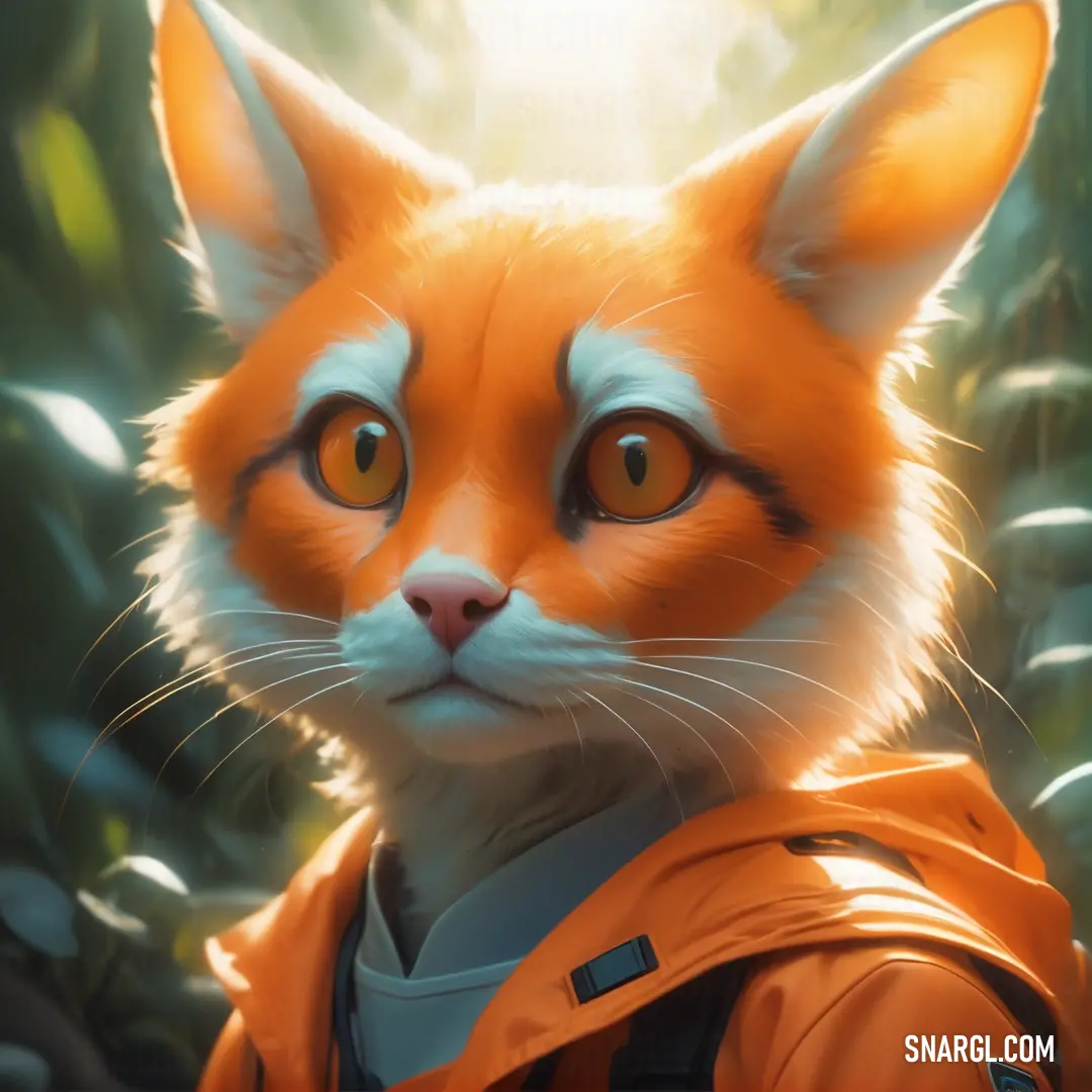 Painting of a fox wearing an orange jacket and looking at the camera with a bright light shining on its face. Color RGB 240,120,0.