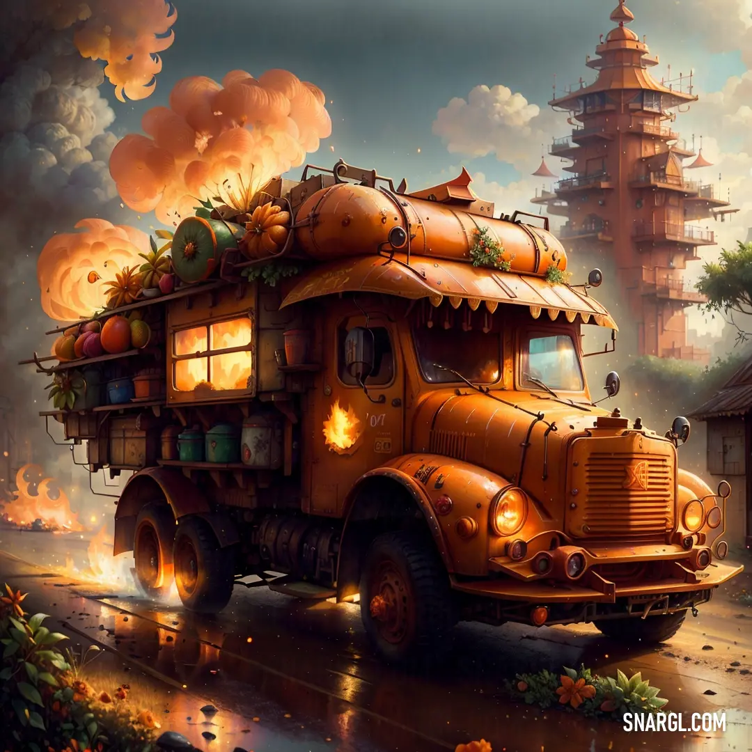Painting of a truck with a lot of pumpkins on the back of it's cab and a lot of smoke coming out of it. Color RGB 240,120,0.