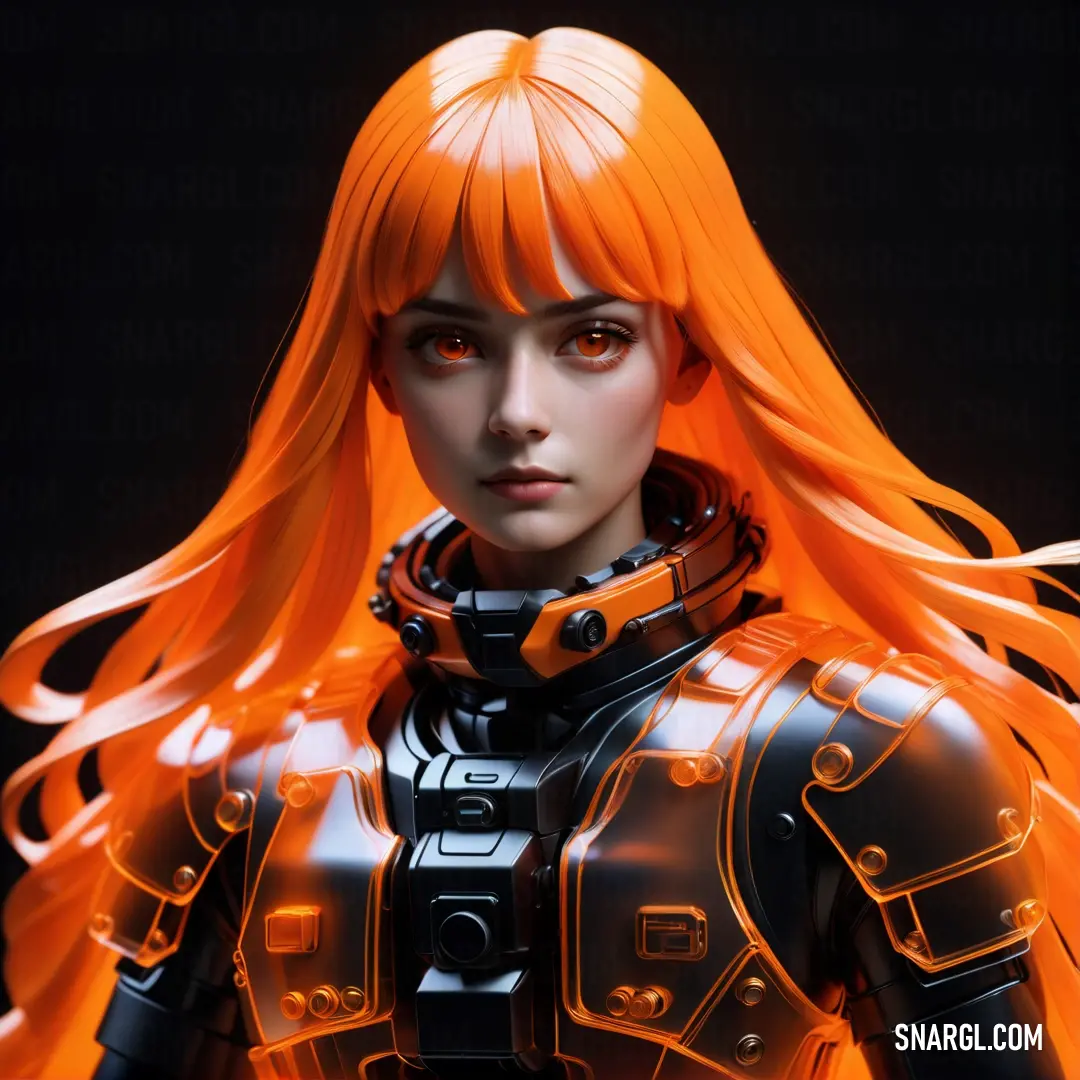 Woman with orange hair and a futuristic suit on, with a black background. Color RGB 240,120,0.