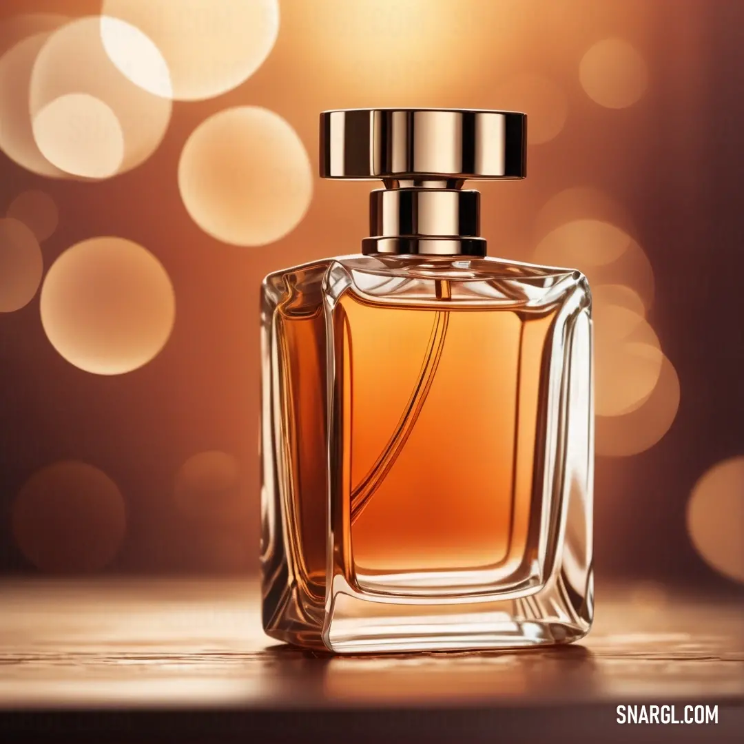 Bottle of perfume on a table with a blurry background. Example of RGB 238,99,22 color.