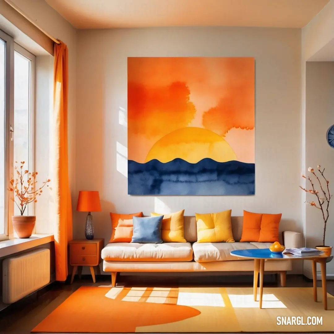 Living room with a couch and a painting on the wall above it and a table with a vase. Example of #EE6316 color.