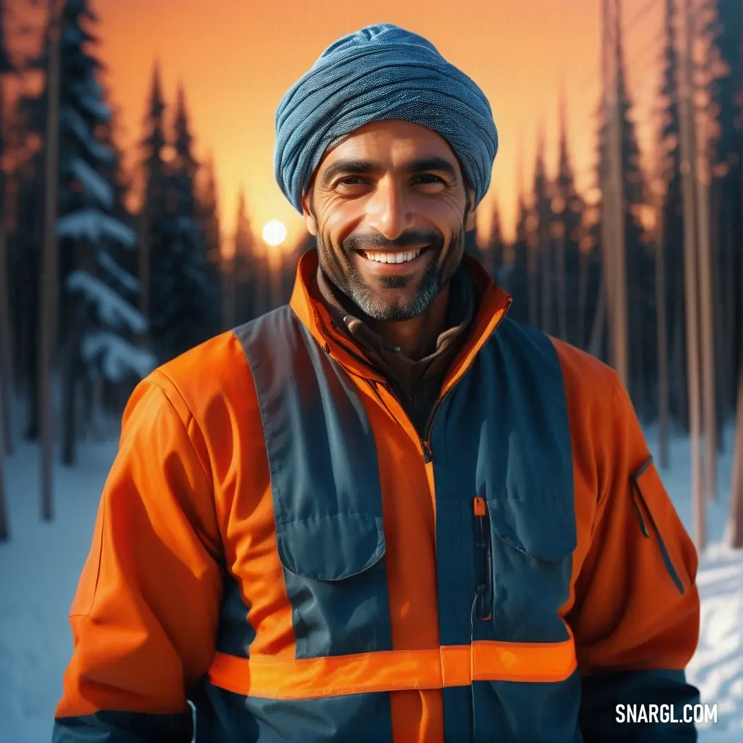 Man in an orange and blue jacket and a blue hat smiles at the camera in the snow at sunset. Color NCS S 1070-Y50R.