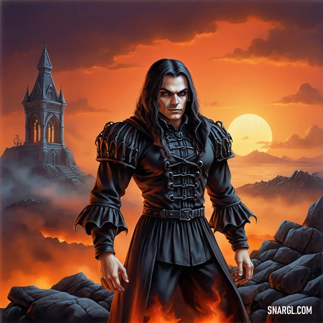Painting of a man in a black outfit with a sword in his hand and a castle in the background. Example of #EE6316 color.