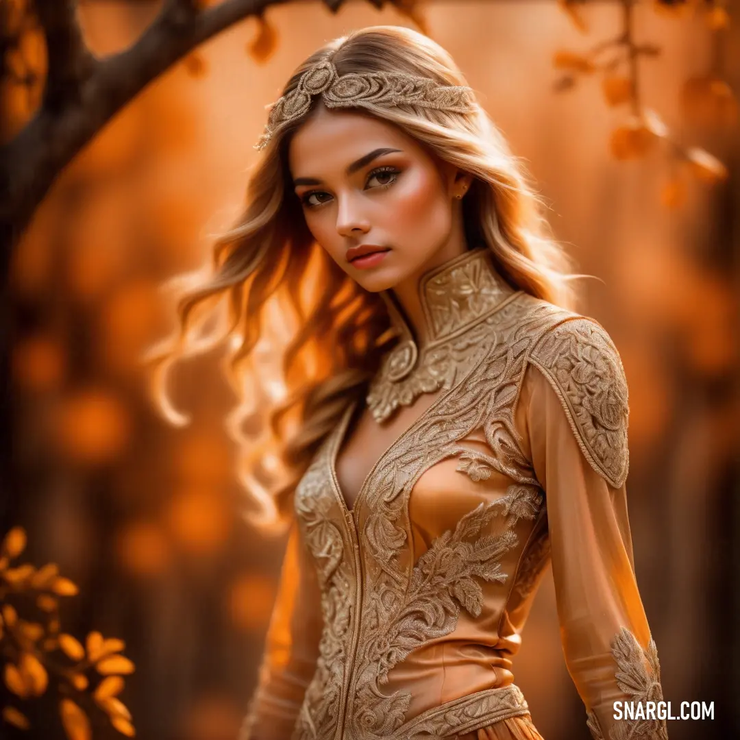 NCS S 1070-Y50R color. Woman in a golden dress standing in a forest with a tree in the background