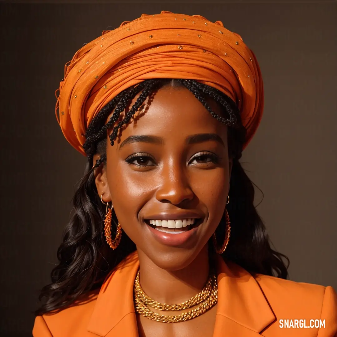Woman wearing a bright orange outfit and a head scarf on her head and smiling at the camera with a smile on her face