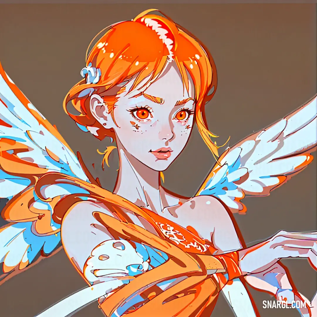 NCS S 1070-Y50R color example: Woman with orange hair and wings holding a sword and a sword in her hand, with a brown background