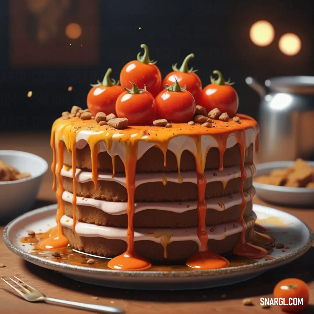 Cake with orange icing and some cherry tomatoes on top of it and a few other plates of food around it. Color NCS S 1070-Y70R.
