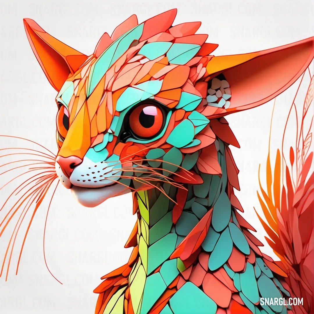 NCS S 1070-Y70R color. Colorful cat made of paper with a white background