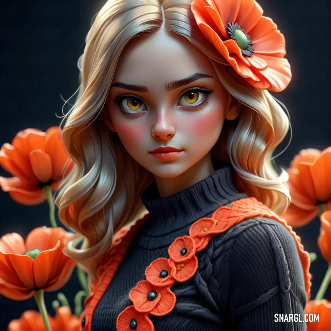 Woman with blonde hair and orange flowers in her hair. Example of RGB 236,75,48 color.
