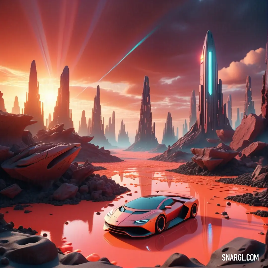 Futuristic car is parked in a red puddle of water in a futuristic landscape. Color #EB4B44.