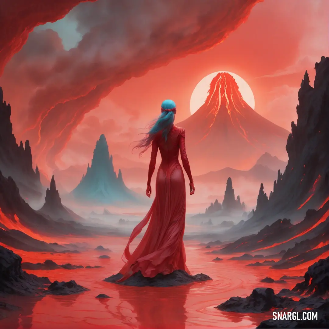 Woman in a red dress standing in a red landscape with a mountain in the background. Color NCS S 1070-Y80R.