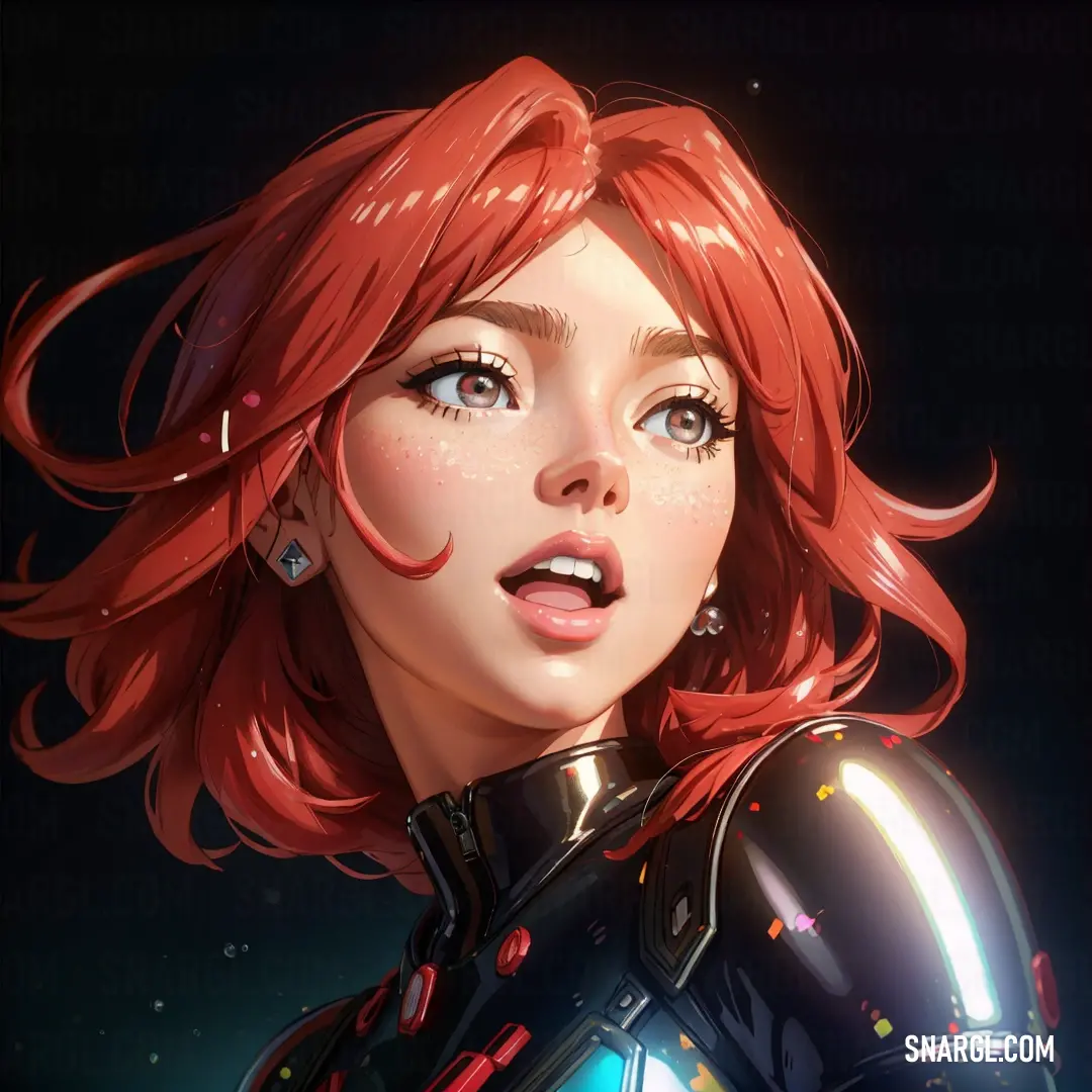 NCS S 1070-Y80R color example: Woman with red hair and a futuristic suit on her chest