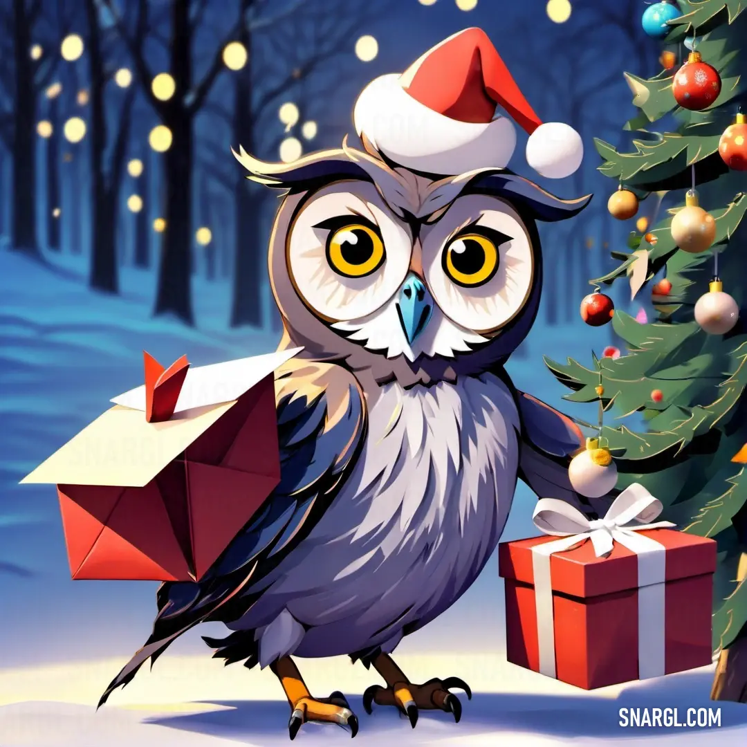 Cartoon owl with a santa hat holding a present near a christmas tree with a lite - up christmas tree. Color RGB 232,63,65.