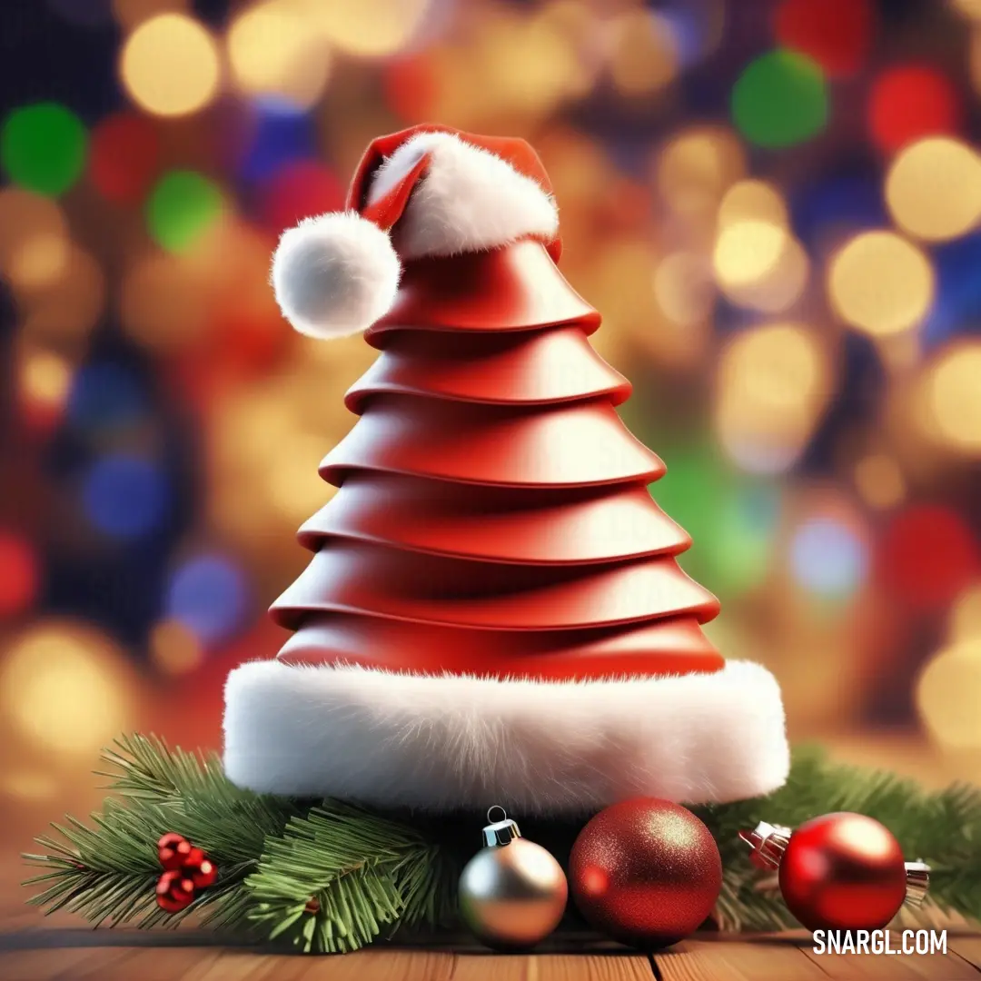 Christmas tree with a santa hat on top of it and ornaments around it on a wooden table with a blurry background